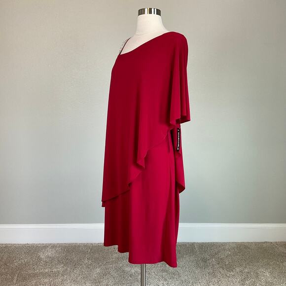 Red Beaded One Shoulder Shift Cocktail Dress Size 14W R&M Richards Draped Mini - Picture 3 of 12